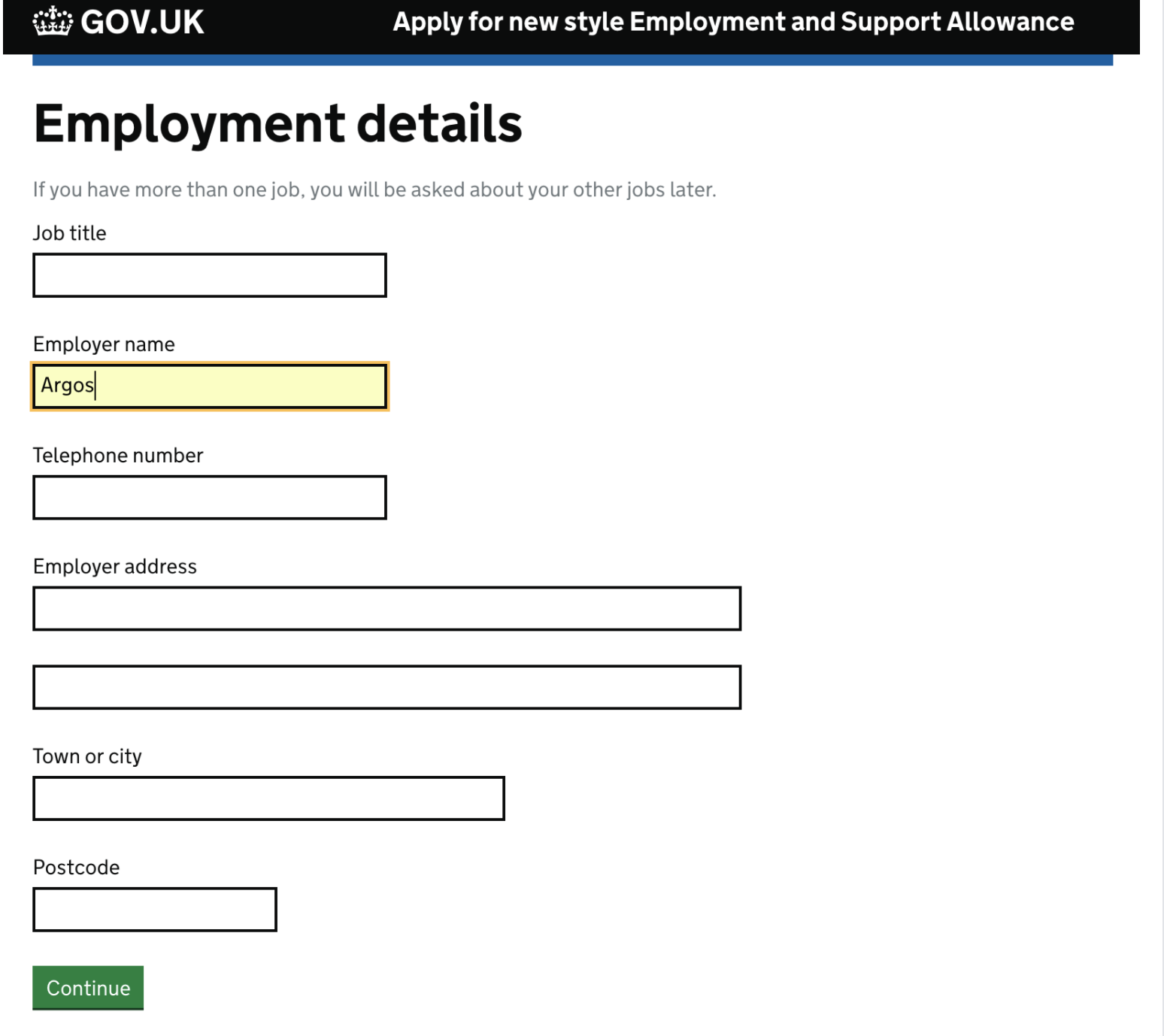 Adding employer details when applying for Employment and Support Allowance