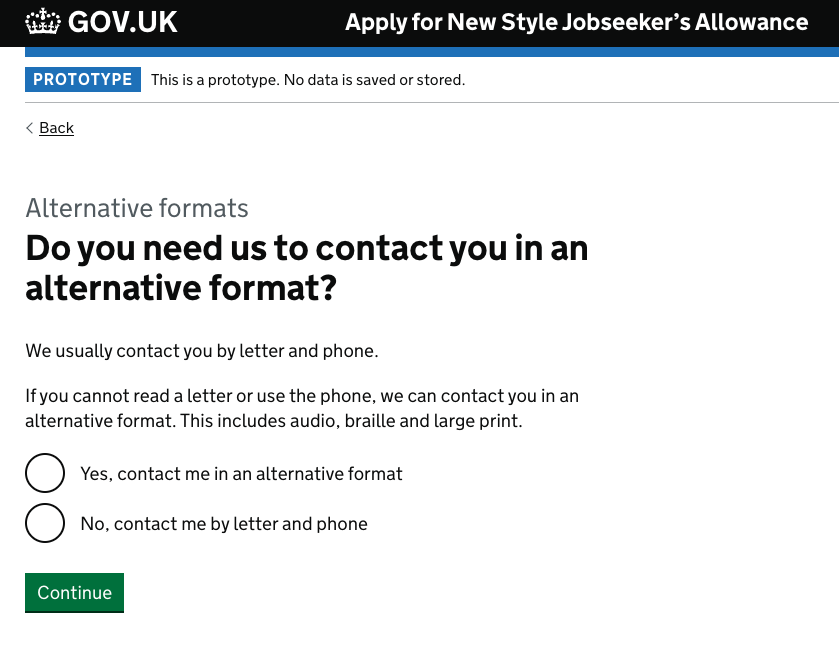 Question screen asking ‘Do you need us to contact you in an alternative format?’