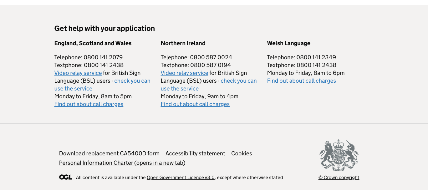 Footer from the Apply for a National Insurance number service, with contact information